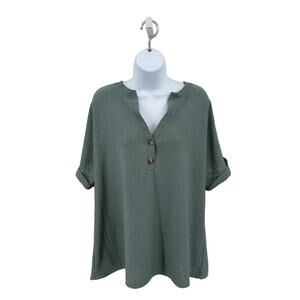 Green WMNS Blouse Size XXL Cut Out Print Split V-neck Button-Up Short Cuffed Sl